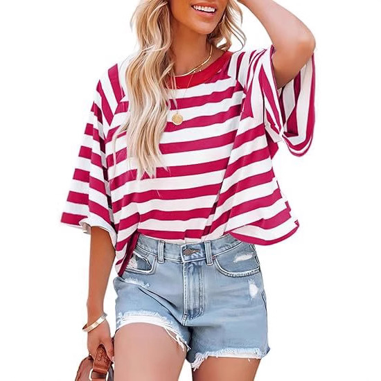 Verano nuevo 2025 transfronterizo Europa y América Amazon rayas de manga corta camiseta de cuello redondo casual suelta camiseta de mujer