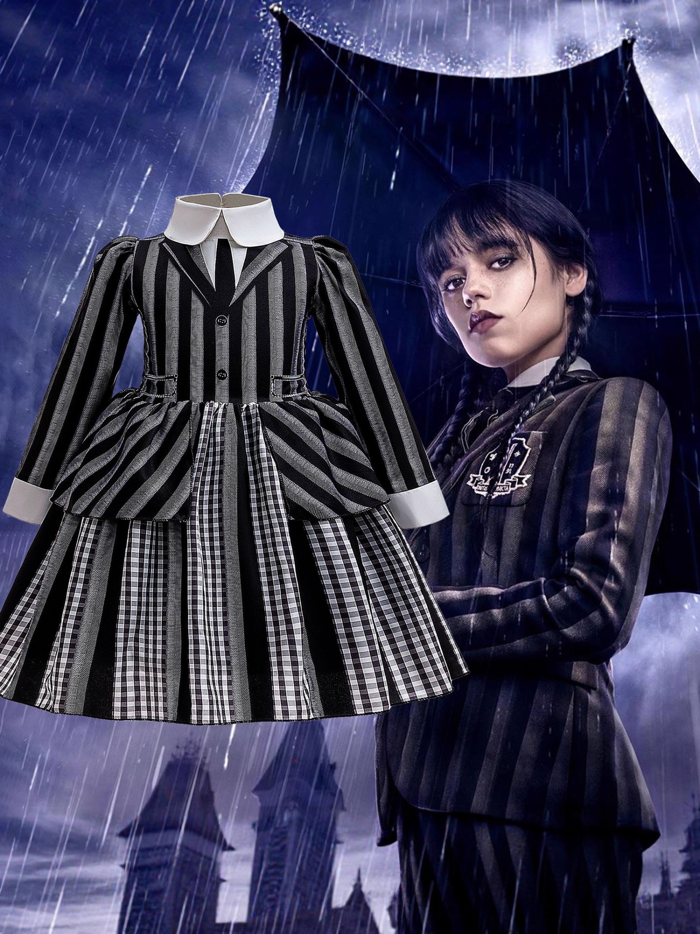 Miércoles Cosplay uniformes escolares a rayas negras vestidos de niñas Cosplay de Halloween La familia Adams