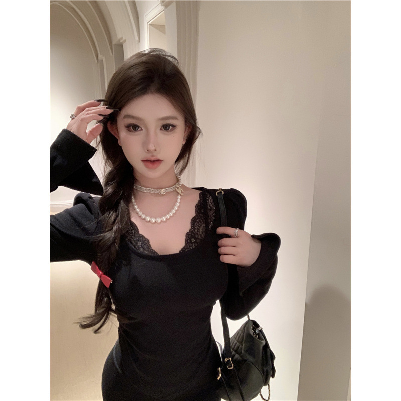 昕可达 心机内搭 纯欲蕾丝拼接打底衫女冬季百搭修身针织衫|undefined