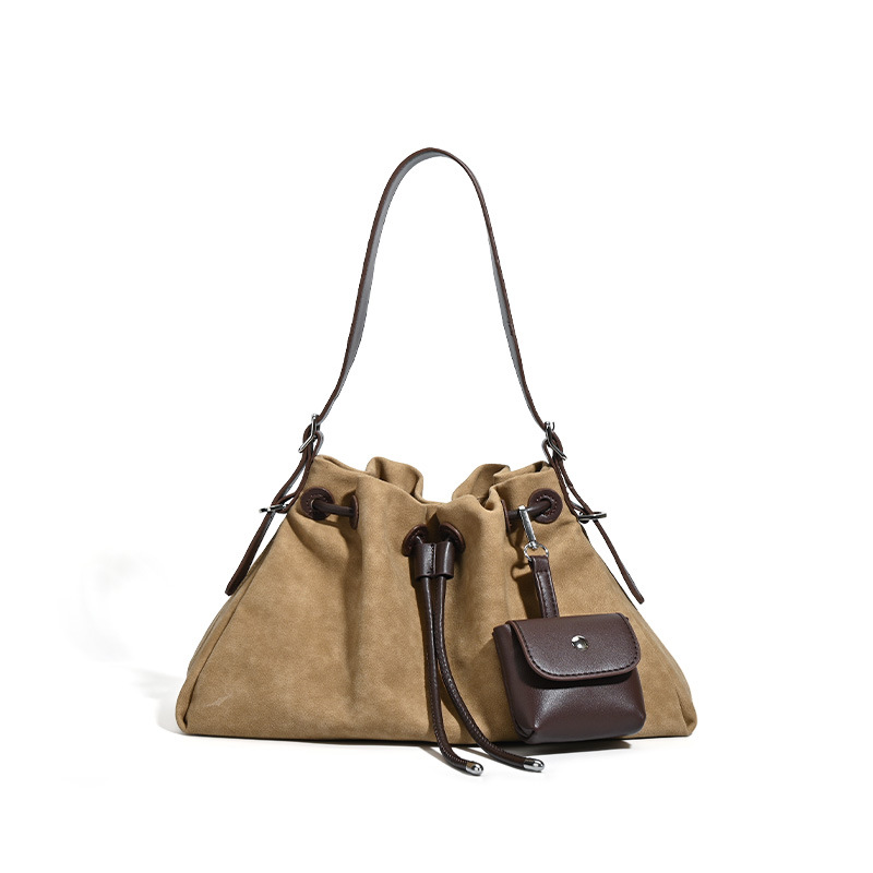 Vintage Suede Commuter Tote Bag For Women, Large Capacity Pleated Bucket Bag, Casual Versatile Shoulder And Crossbody Bag - Thumbnail 5