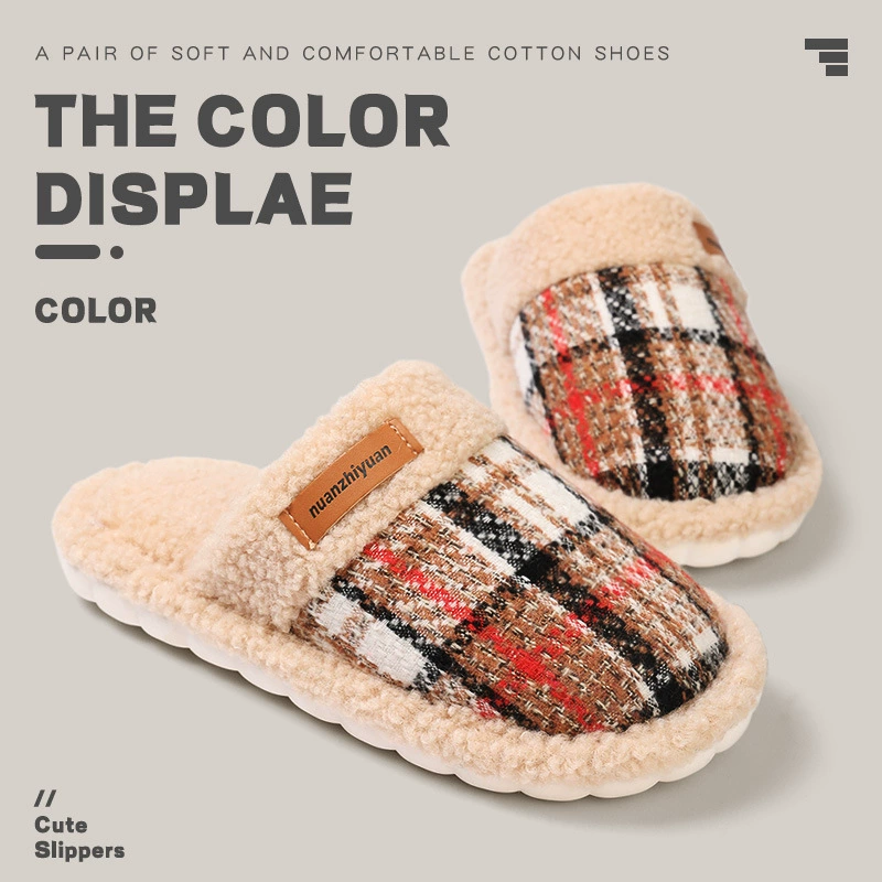 Южная волна Wan в клетку хлопковые тапочки женские осенние и зимние крытые полы легкие плюшевые теплые булочки пара хлопчатобумажные тапочки мужчины