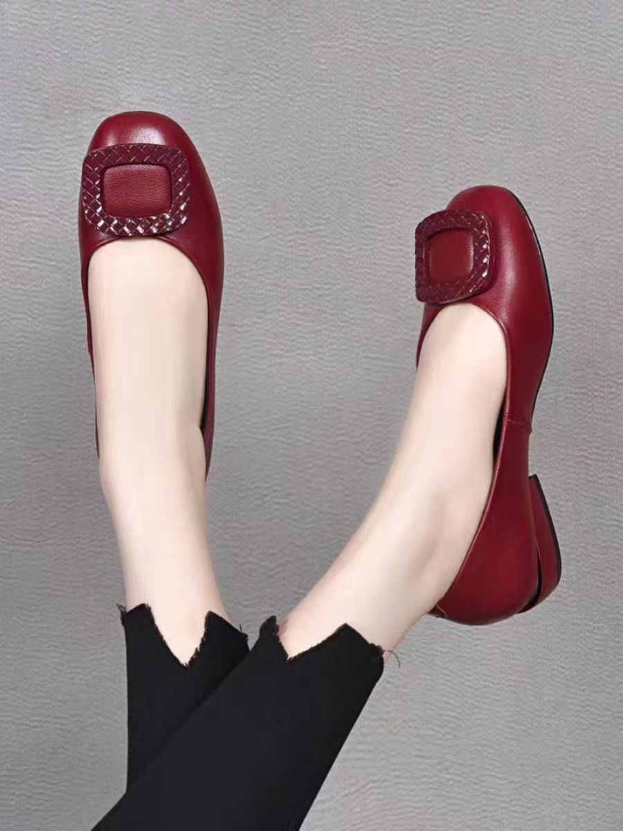 Zapatos de trabajo de cuero suave de verano, zapatos de tacones bajos de punta gruesa, zapatos de ropa formal profesional.