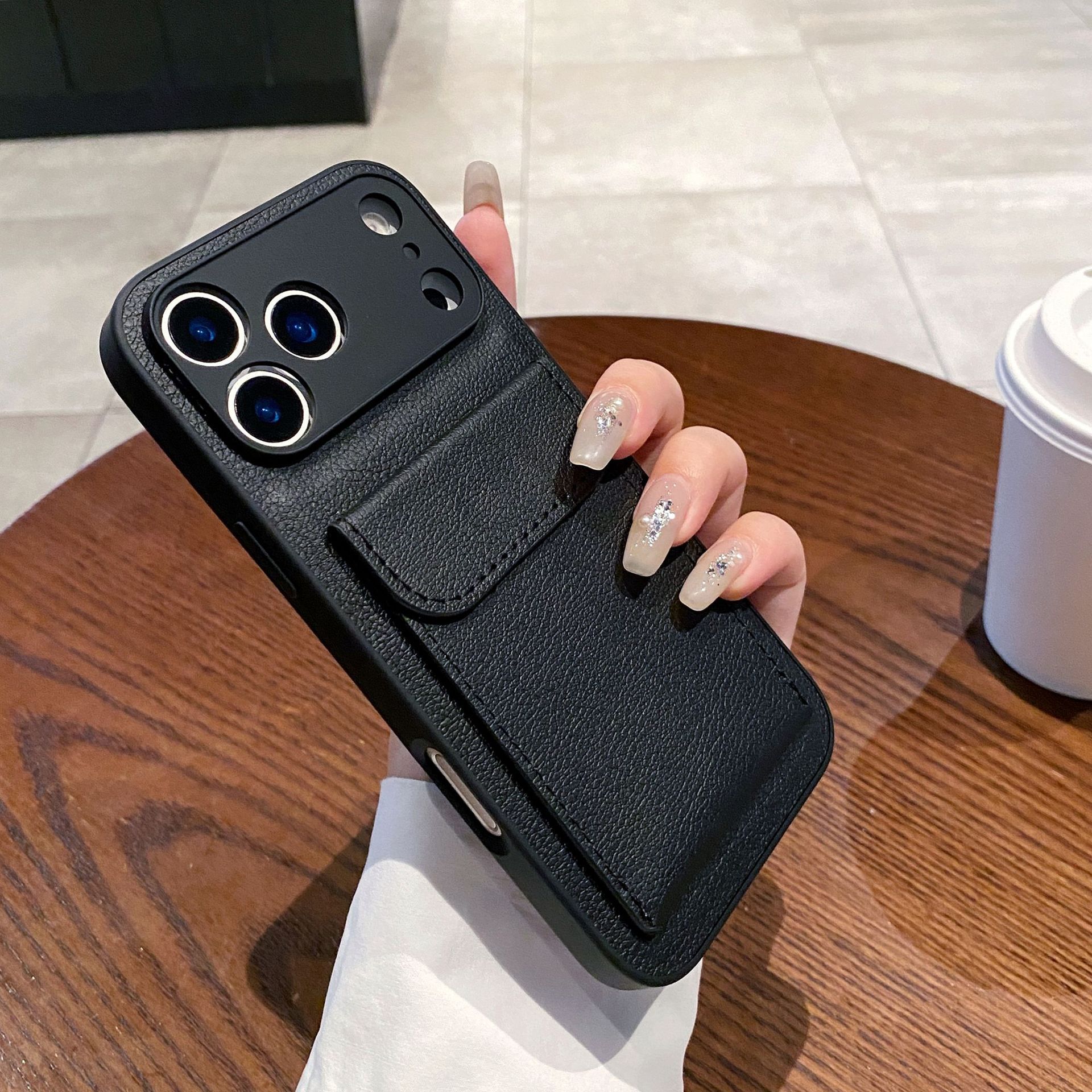 Aplicable para iPhone18PROMAX estuche de teléfono móvil simple litchi estampado tarjeta bolsa soporte manzana 17 anti-caída 16 transfronterizo