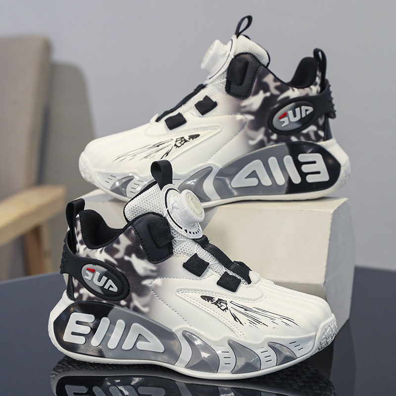 Zapatos de baloncesto para niños primavera y otoño nuevo botón de malla blanca zapatos deportivos fricción sonido zapatos de carrera