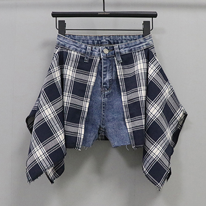 Ins Niche Plaid Splicing Denim Shorts for Women 2025 New Mid-Waist Slim Fake Two-Piece Wide-Leg A-Line Hot Pants Skirt