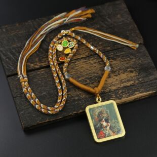 Zakiram's Past and Present Life Thangka Pendant Xizang Thangka Painted Gold Necklace Sweater Chain with Double Sides