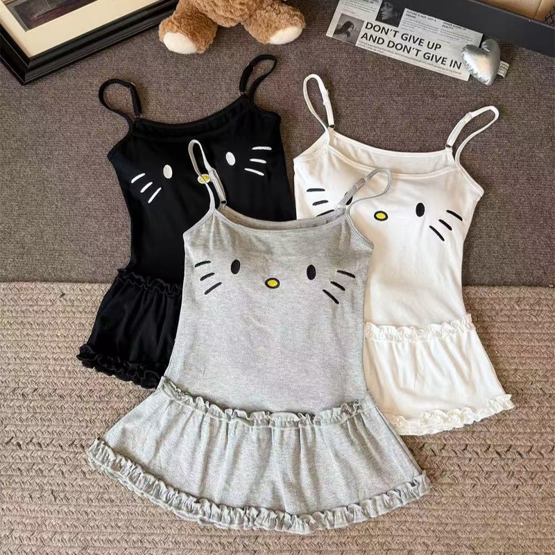 可爱猫咪刺绣吊带背心女夏季荷叶边修身内搭设计感无袖外穿上衣潮|undefined