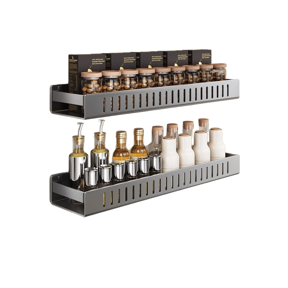 Estante de cocina gris de pistola, tanque de condimentos de pared sin perforación, artefacto de almacenamiento, estante de colocación de condimentos multifuncional