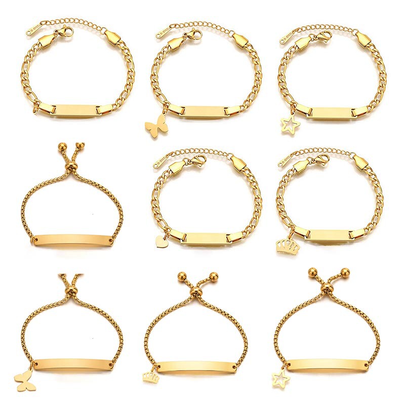 Cross-Border Exclusive Supply of Stainless Steel Long Curved Bracelets for Children, Crown Butterfly Heart Pendants, Customizable Engraved Jewelry for Women