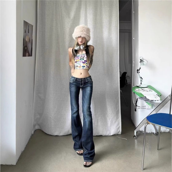 American Style Retro High Street Low Waist Micro-flared Jeans Women's Spring and Autumn 2025 New Slim-fit Stretch Trendy Mop Pants