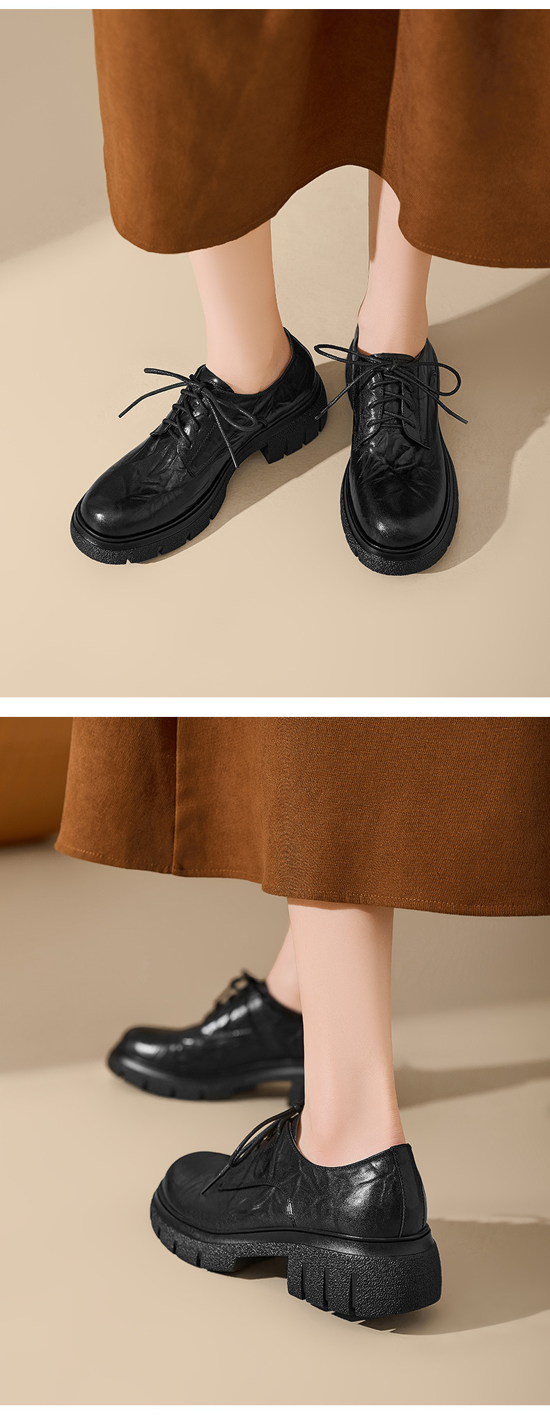 Giày nữ đế xuồng platform da bò đánh bóng phong cách vintage, gót 4 cm — màu nâu chi tiết 9