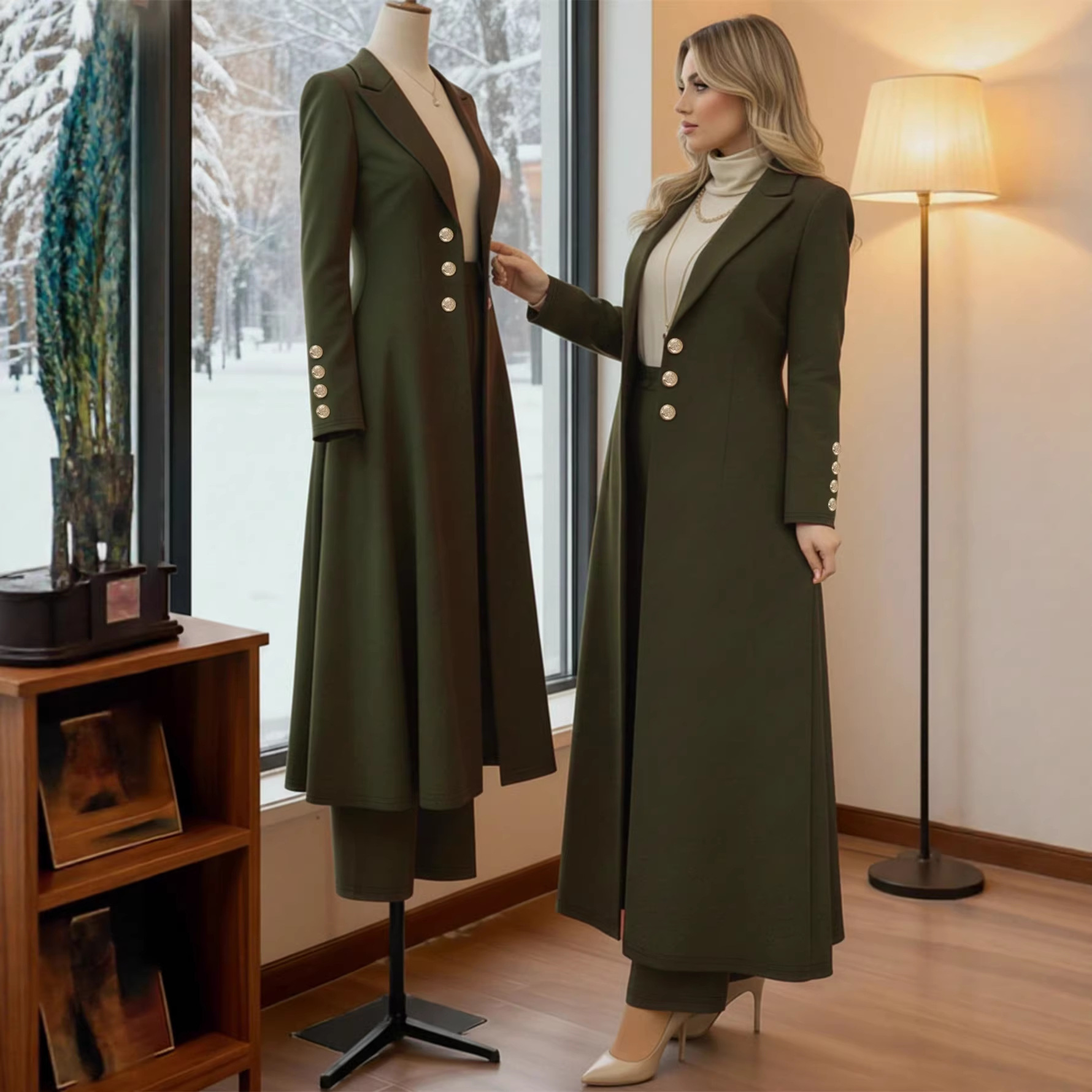 Plus Size Elegant Retro Style Suit Coat Casual Straight Leg Trousers Waist Cinching Long Coat Set_ecoleips.com