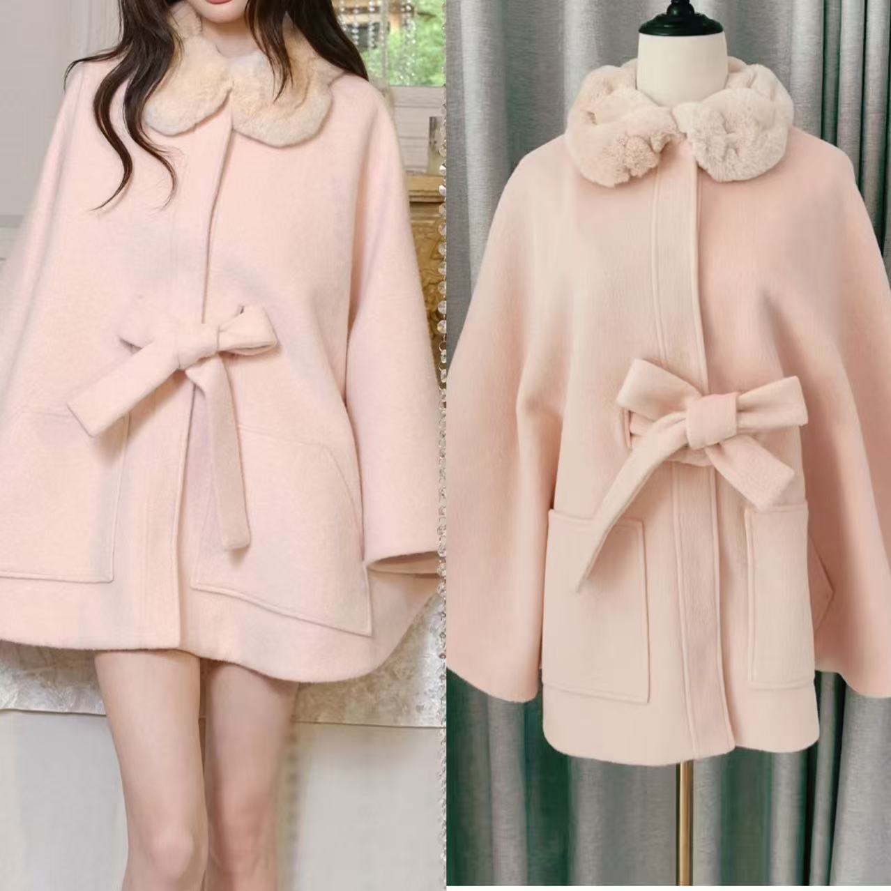 In Stock 2025 Pink Woolen Coat Autumn and Winter New Style Fur Collar Cape Tie High-End Feel Outerwear