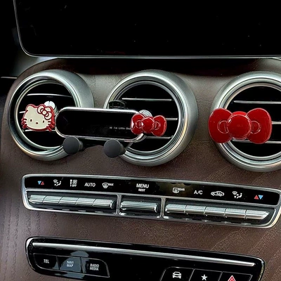 for Women 2025 New Cute | Car phone holder - red-edged-bow-kitten-black-mirror-stand-bright-red-knot