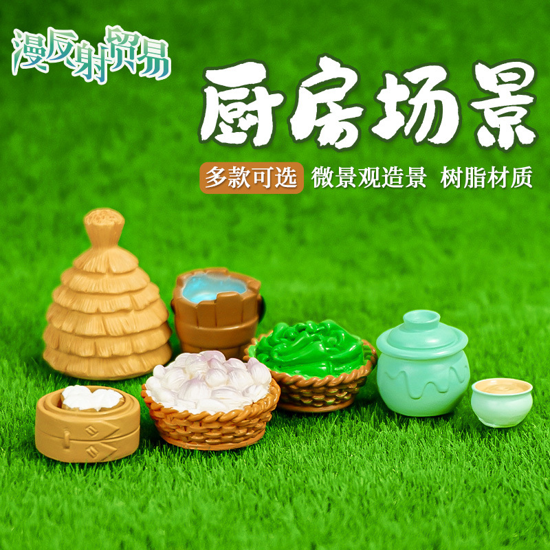 Adornos de resina, artesanías, accesorios de micro paisaje, tazones de vino, pajares, cubos de madera, pimientos, ajo, cestas de bambú, bollos al vapor