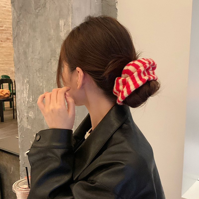 红色毛线条纹大肠发圈头绳女2025新款高端扎丸子头发绳低马尾发饰|undefined