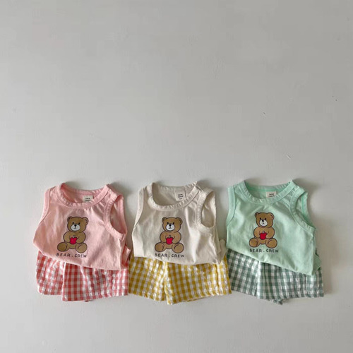 ins Korean summer children's clothing thin cotton loose sleeveless suit baby cartoon vest + plaid shorts two-piece trendy set