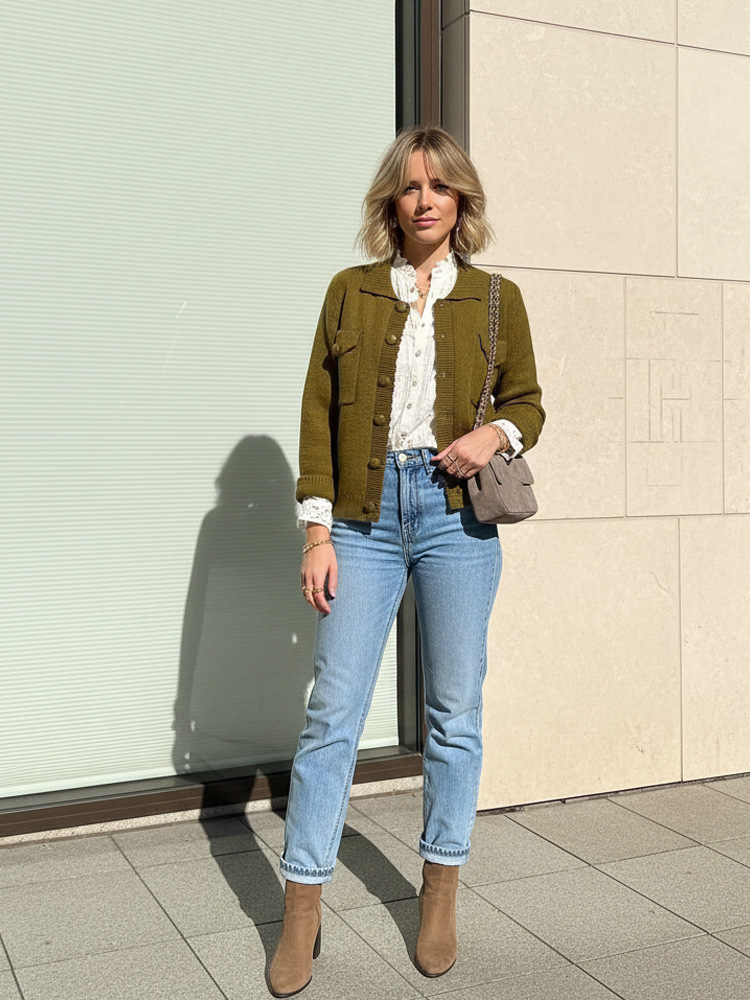 Cardigan de moda de color sólido de hebilla única 2026 Europa y América de moda transfronteriza de mujeres de otoño de manga larga delgada suéter de bolsillo
