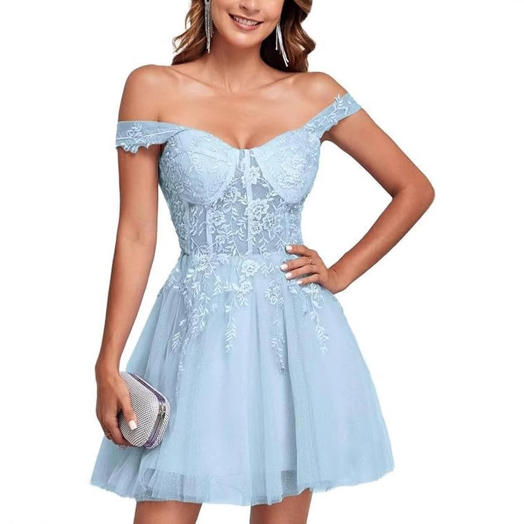 Lace Applique Evening Dress 2026 New One-Shoulder Sheer Off-Shoulder Short Prom A-Line Cocktail Dress