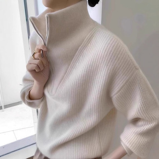 Trendy and Stylish Zip-Up Half-High Neck Knit Sweater for Spring, Loose and Slimming, Lazy Style Versatile Soft Top