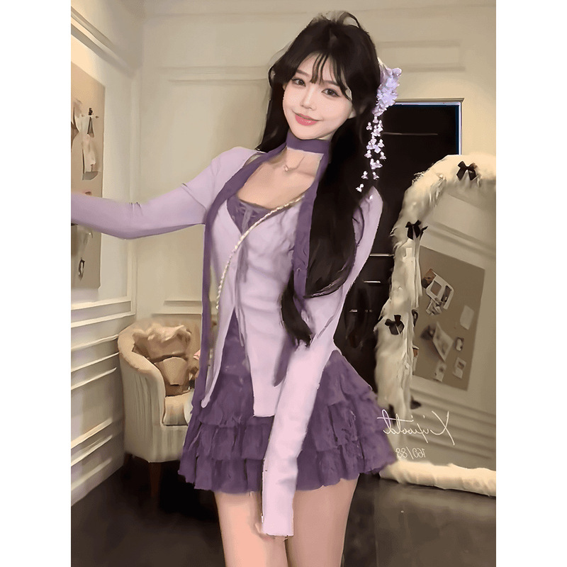 纯欲风辣妹紫色假两件针织衫女春秋气质显瘦短款蛋糕半身裙子套装|undefined