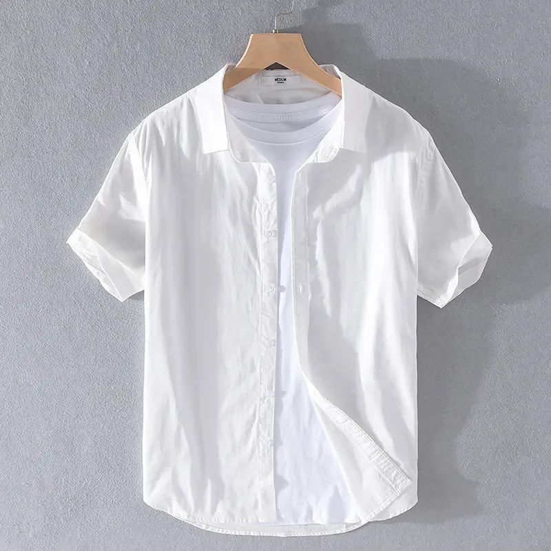 Breathable Linen Shirt Men's Short-Sleeved Slim Fit Top Summer Thin Lapel Youth Cotton and Linen Casual White Shirt