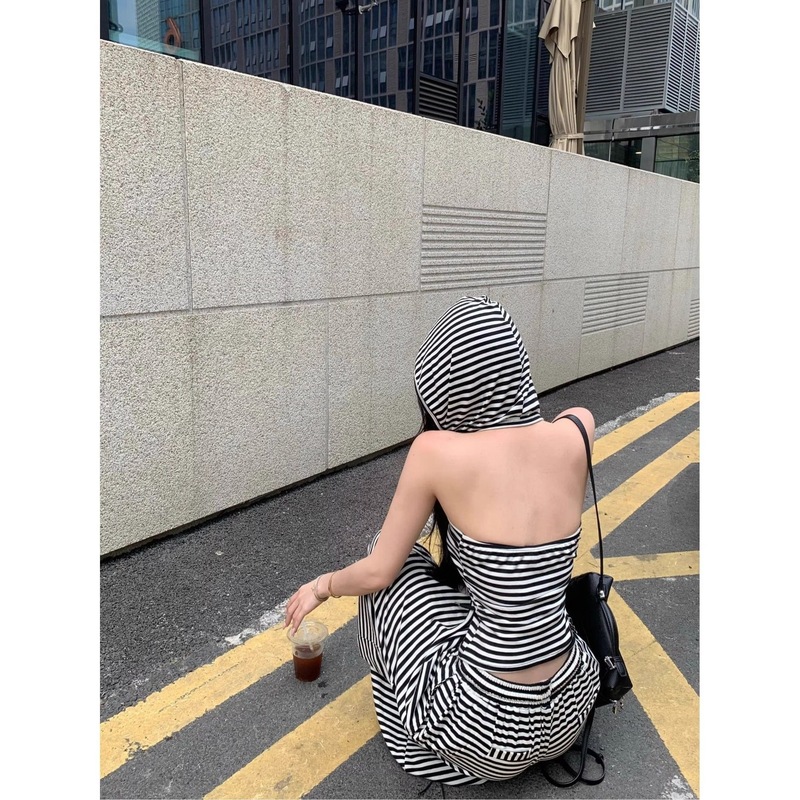 辣妹时尚条纹露背无袖连帽背心抽绳宽松休闲长裤套装女夏季两件套|undefined