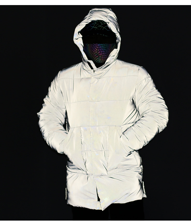 Pánské oblečení Nový zimní středně dlouhý reflexní bavlněný kabát Ztluštěný teplý reflexní bavlněný kabát Módní svítící kabát_voghion.com