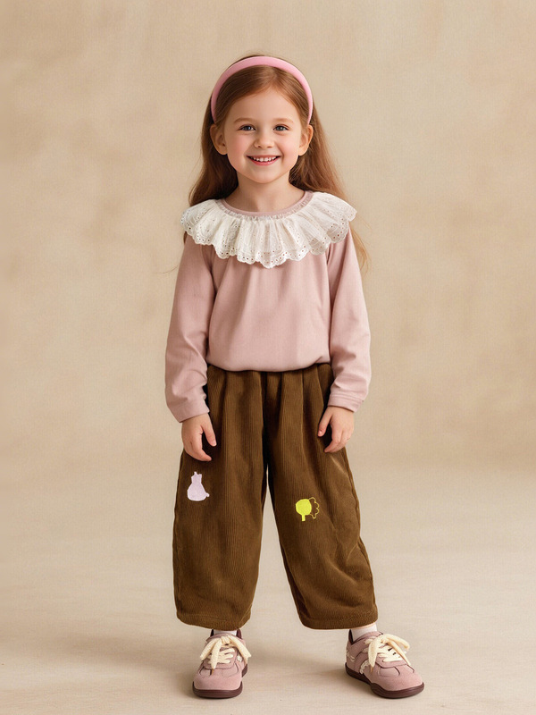 女の子用Tシャツ、子供服、2025年秋の新作、可愛いドールカラー、甘いレースの縁取り、万能トップス|undefined