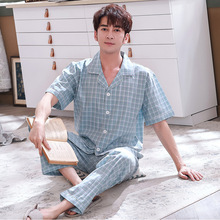 夏季新品绵绸短袖开衫睡衣梭织棉布男款格子休闲男士全棉家居服