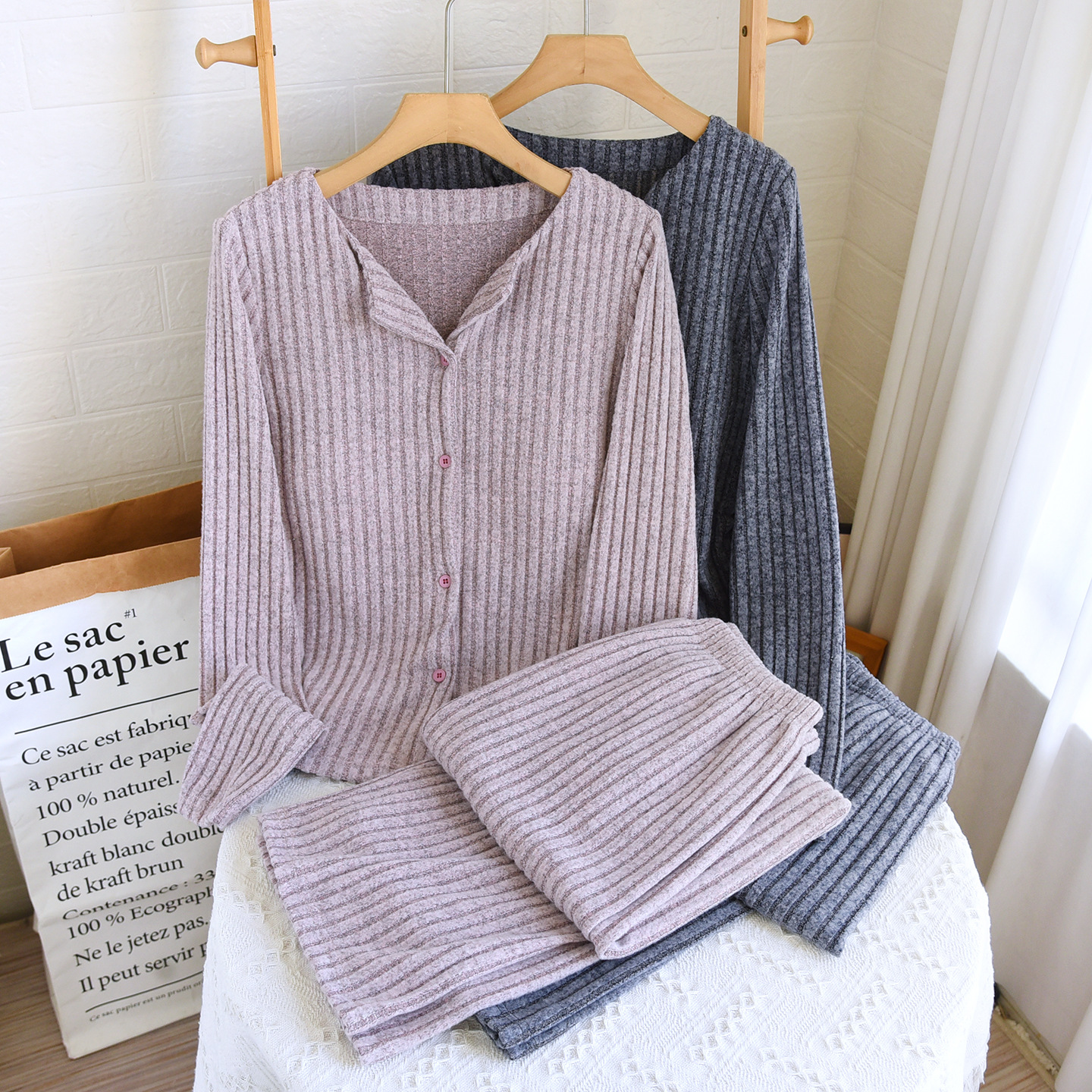 New Women's Ribbed Knit Brushed Long-Sleeve and Long-Pants Set, Spring and Autumn Slightly Stretchy V-Neck Bra-Free Casual Loungewear