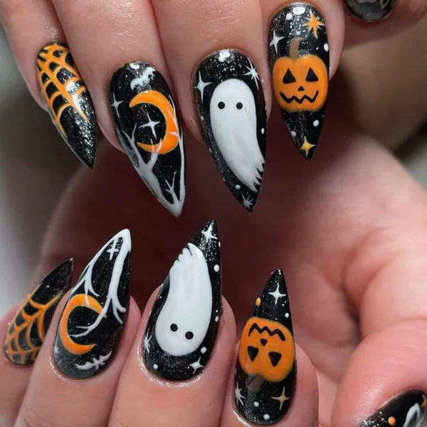 Best-Selling Halloween Ghost Pumpkin Wearable Nails, Sexy Fashion Nail Patches, Cross-Border Fake Nail Patch Finished Products