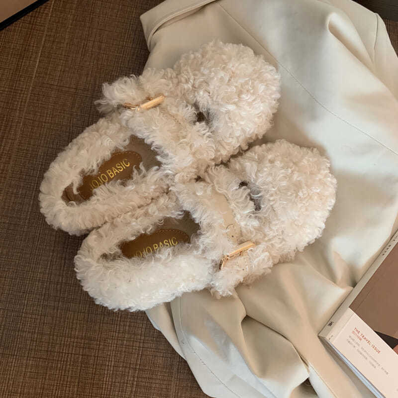Tamanho grande sapatos peludos para outono e inverno exterior usar nova sola plana internet celebridade encaracolado mais gorro de veludo única mulher_voghion.com