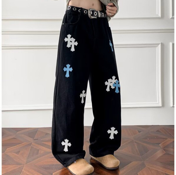 Cross Patch Leather Label Jeans for Men, Summer American High Street Vibe Pants, Trendy Brand, Cool and Stylish Flared Pants