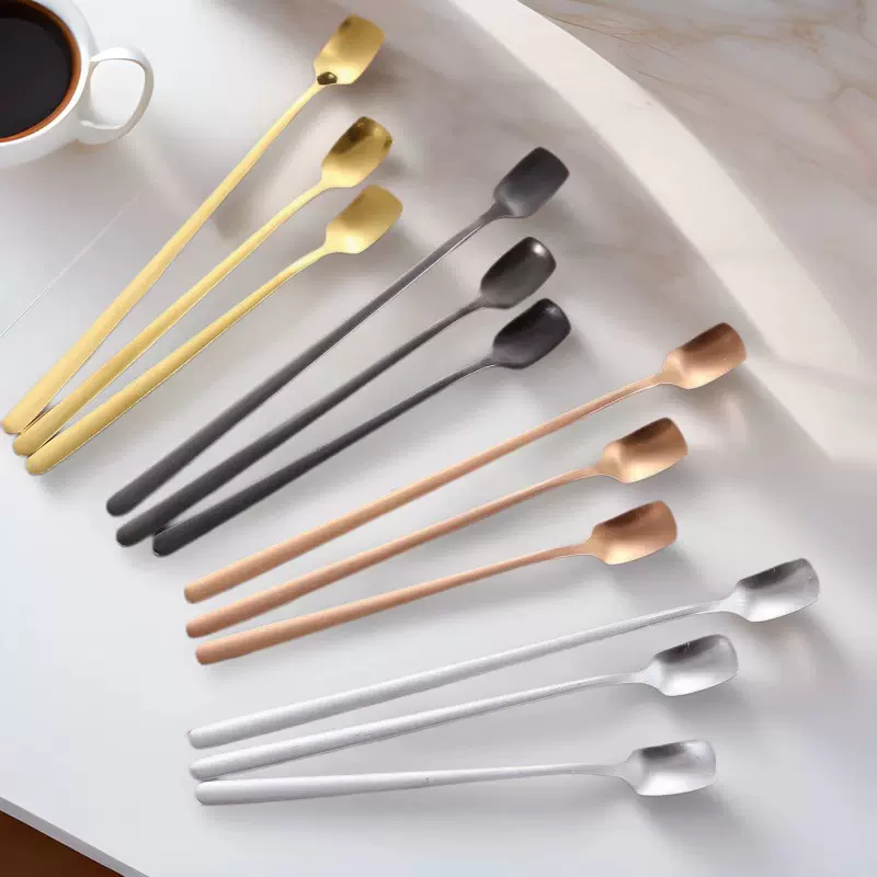 不锈钢方头勺子长柄搅拌咖啡冰勺蜂蜜麦片药勺马克杯礼品激光logo