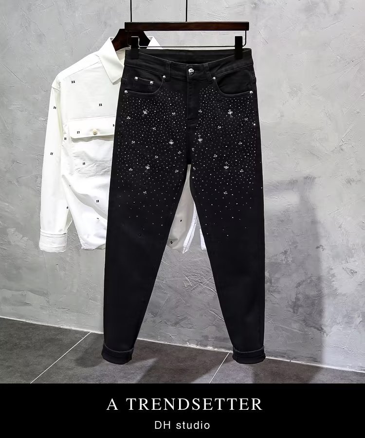 Schwarze Jeans, Trendmarke für Herren, High-End-Heavy-Industrial-Hot-Diamond-Slim-Fit, Herbst-High-Street-elastische Jeanshose_voghion.com