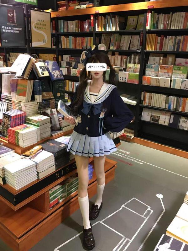 韩系可爱学院风jk水手服兔警官海军领设计感上衣高腰百褶裙两件套|undefined