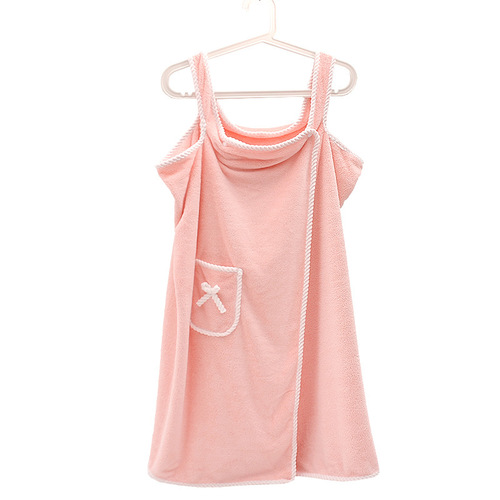 Coral velvet bow pocket strap bath robe super soft absorbent can be worn as a large bath towel for home use shower wrap wholesale