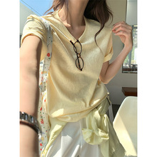 新款韩系多巴胺圆领正肩短袖T恤女夏季薄款雪花棉宽松显瘦奶黄色