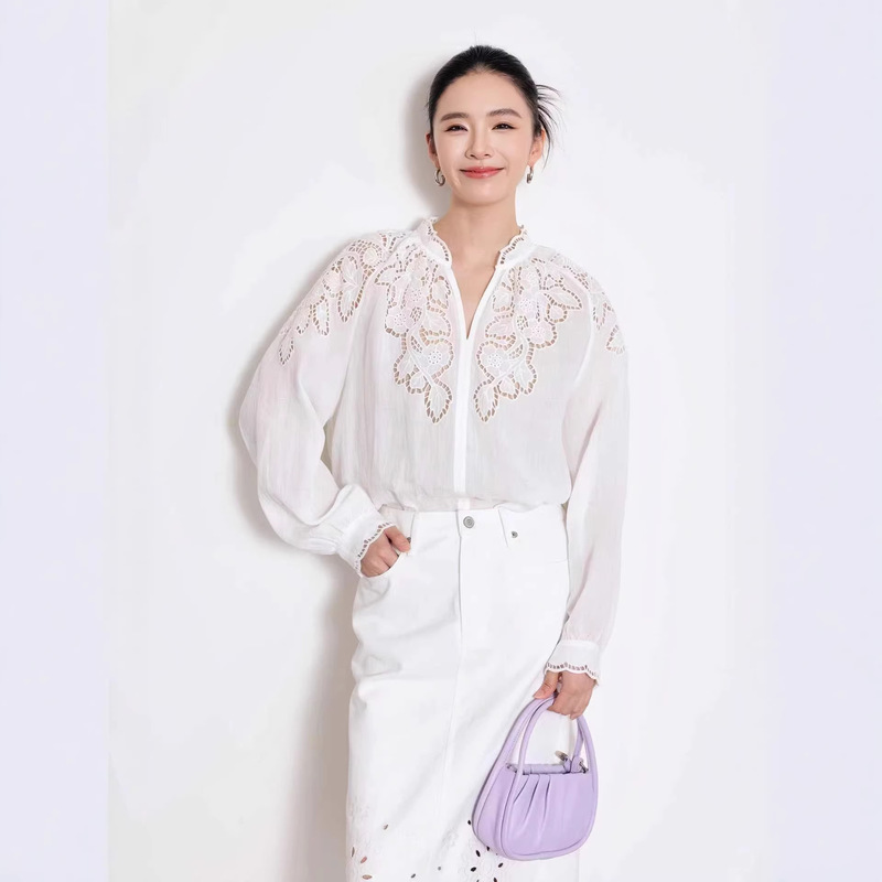 Nanyou 2026 Spring New French Style Lace Hollow Embroidery Shirt for Commuting and Vacation, Loose Fit Ramie Shirt