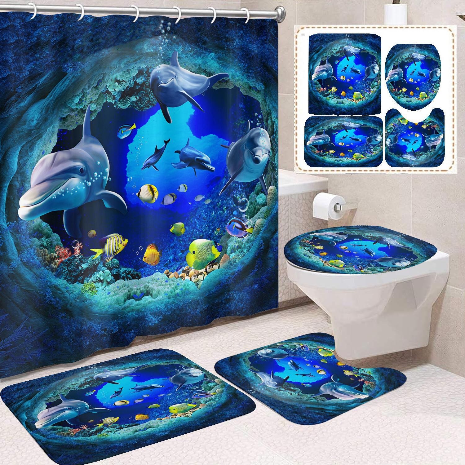 Cortina de ducha transfronteriza con diseño de delfines azules, estampada digitalmente, de poliéster, sin perforaciones, para baño, decoración del hogar image 60