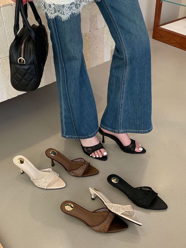 [Tax Not Included] 2026 Summer Sandals, High Heels, Thin Heels, Lace Slippers, Pointed Toe Slip-Ons