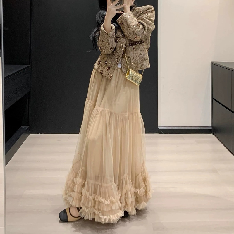 2025超火套装女款名媛气质小香风立体钉珠亮片粗花呢外套网纱长裙|undefined