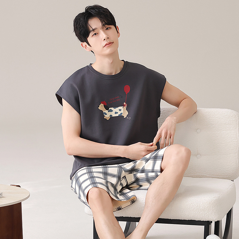 Pure Cotton Pajamas Men's Summer Vest Shorts Suit Casual Wearable Round Neck Cartoon Youth Home Clothes