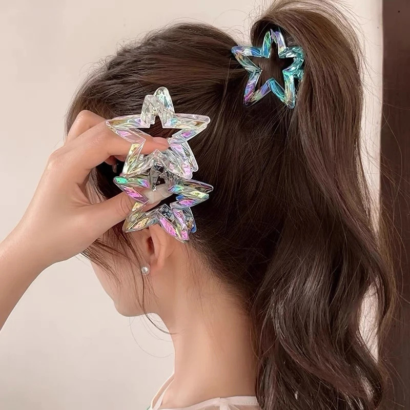 カラフルな中空スターシャーククリップ、甘いハーフタイヘアクリップ、かわいい五芒星の形のポニーテールクリップ、ファッショナブルなヘアクリップ|undefined