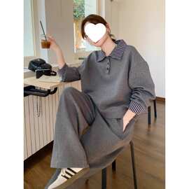 大码小众胖MM时尚拼接春秋季新款POLO领休闲运动宽松卫裤两件套