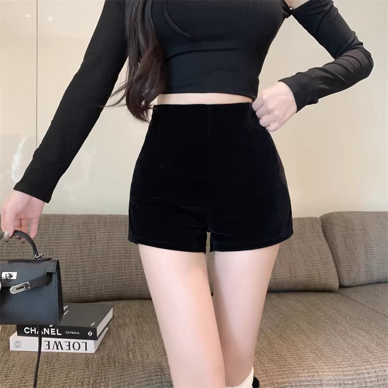 Black Velvet Shorts for Women, 2026 New Winter Hot-Selling Boot Shorts, Light Luxury Versatile High-Waisted A-Line Wide-Leg Pants