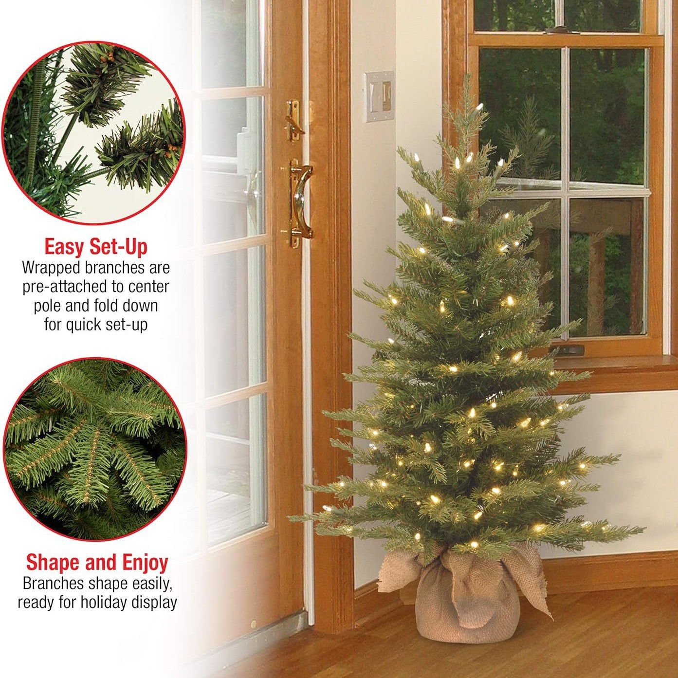 Amazon Venta caliente Mezcla de árbol de Navidad de abeto nórdico Escena navideña Arreglo de árbol de Navidad de luz blanca de lino al por mayor