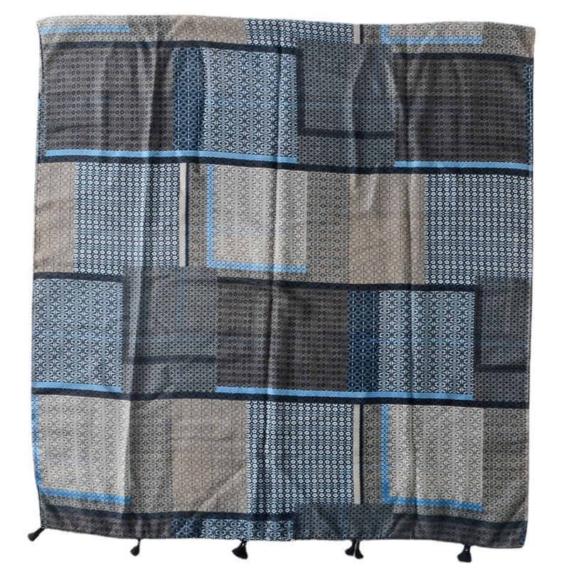 Primavera y verano nueva geométrica pequeña Plaid contraste color impreso algodón y lino sentir bufanda larga bufanda de seda viaje protección solar mantón exterior