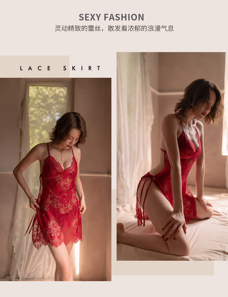 Teasing Lace Backless Lingerie Set with Sheer Split Design in Pink — detail image 29